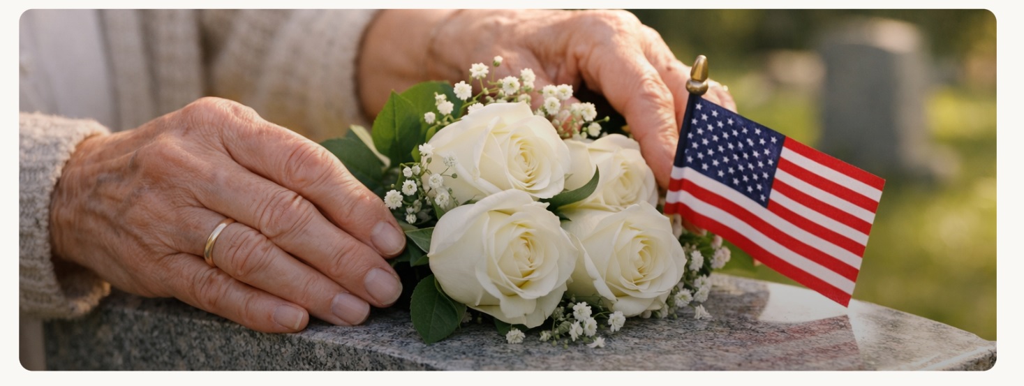 A loved one's hand placing fresh white roses and a small American flag against a granite headstone